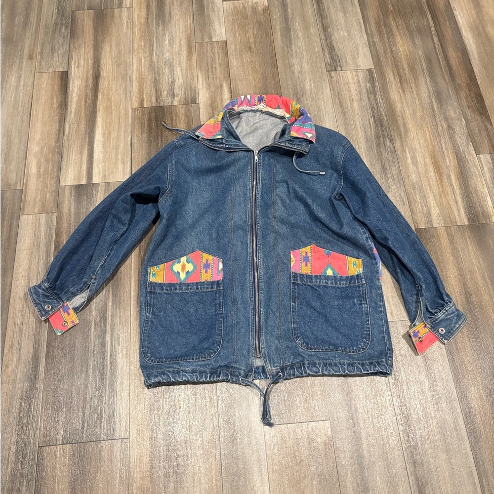 Vintage Julia Michaels Jean Jacket with Aztec Print 80s 90s Size XXL